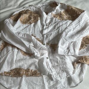 White Button-Up Shirt with Tan Embroidery